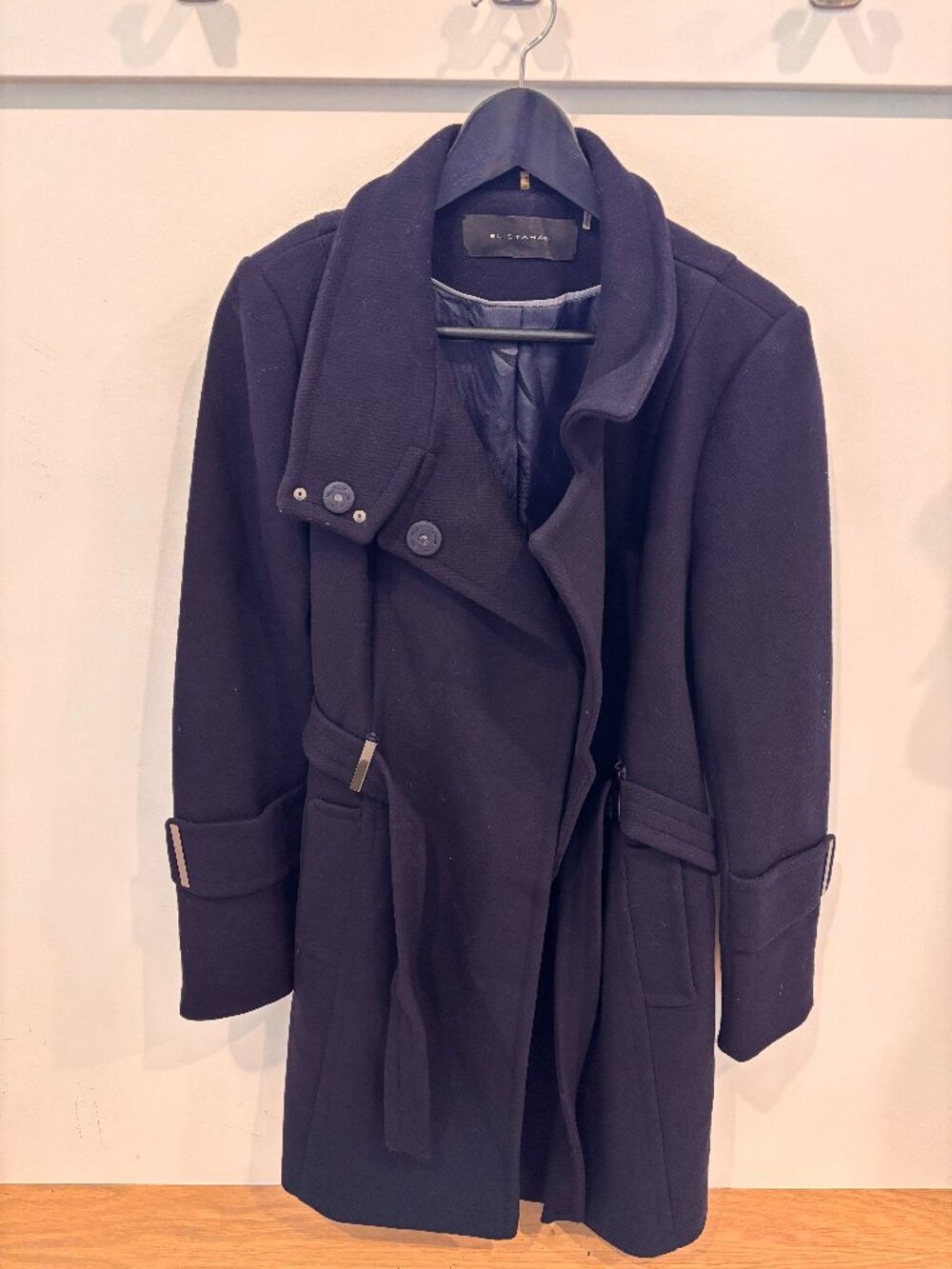 Elie Tahari Navy Wool Blend Belted Coat